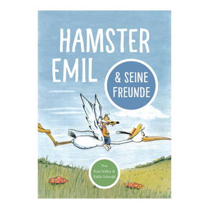Kinderbuchzeichnung ein Hamster und eine Maus sitzen auf dem Rücken eine fliegenden Storches.